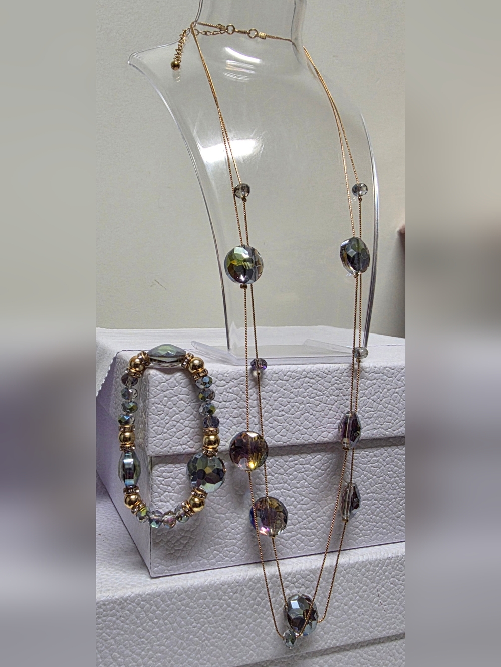 Iridescent 18k Gold-plate Chain W/Faceted Bead Necklace & Bracelet Set